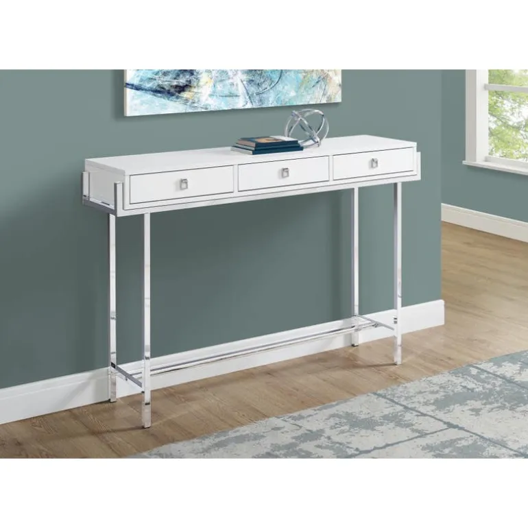Accent table - 48"l / glossy white / chrome metal - Monarch