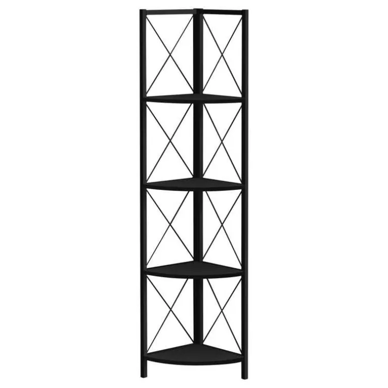 Bookcase - 4 tier corner etagere - metal frame x-design - 60"h - black/black - Monarch