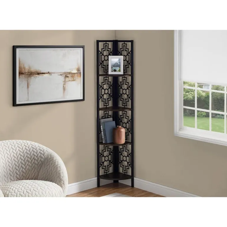 Bookcase - 62"h / espresso / black metal corner etagere - Monarch