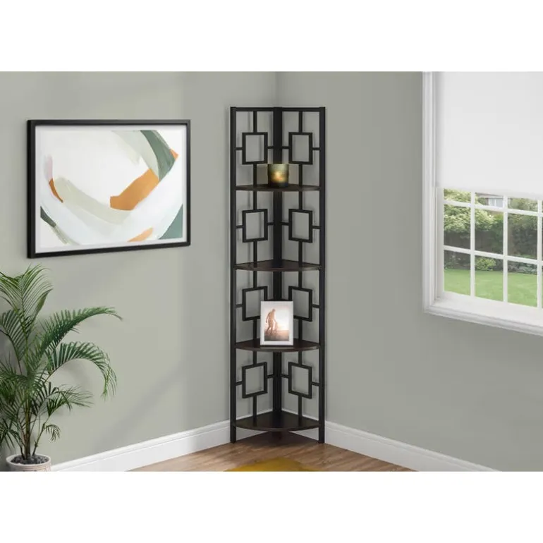 Bookcase - 62"h / espresso / black metal corner etagere - Monarch
