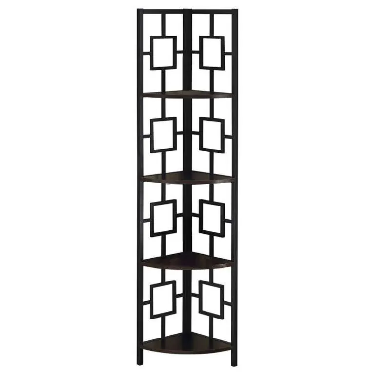Bookcase - 62"h / espresso / black metal corner etagere - Monarch