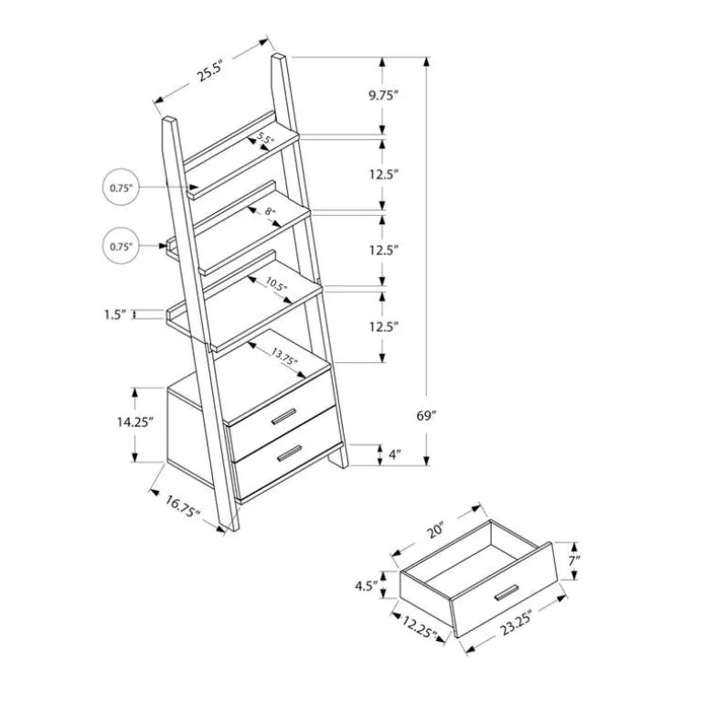 Bookcase - 69"h / espresso ladder w/ 2 storage drawers - Monarch
