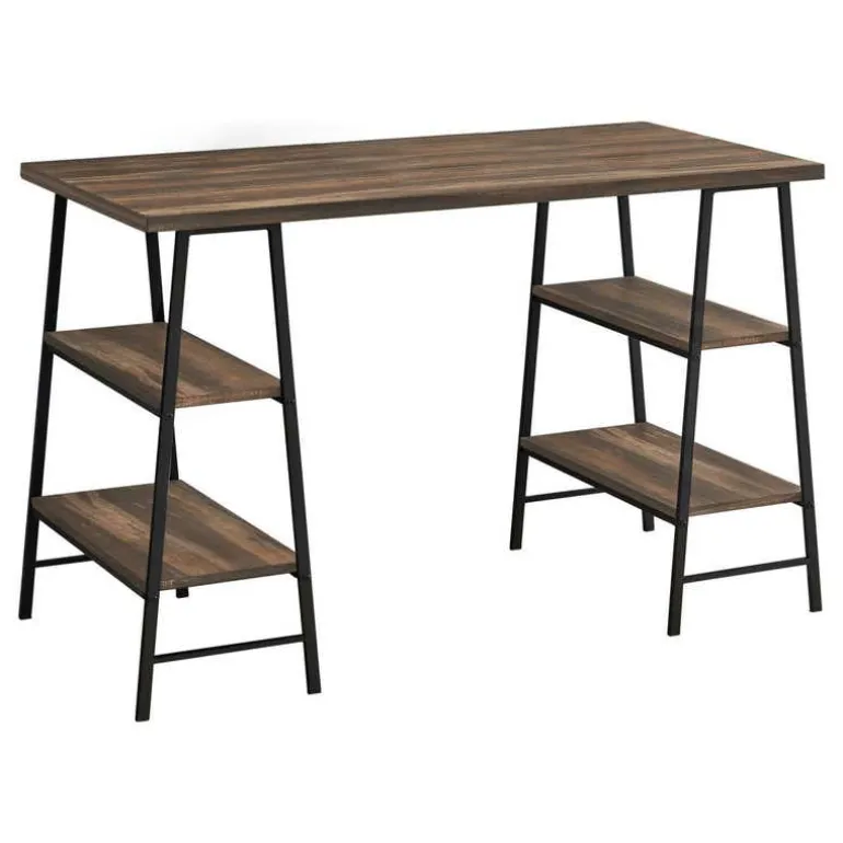 Computer desk - 3 tiers / 4 open shelves / sawhorse style - 48"l - brown recl - Monarch