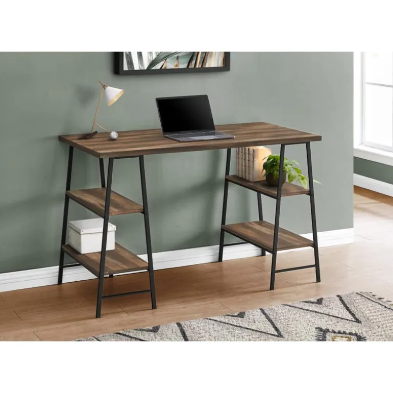 Computer desk - 3 tiers / 4 open shelves / sawhorse style - 48"l - brown recl - Monarch