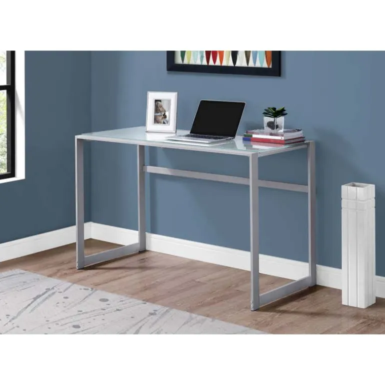 Computer desk - 48"l / silver metal/ white tempered glass - Monarch