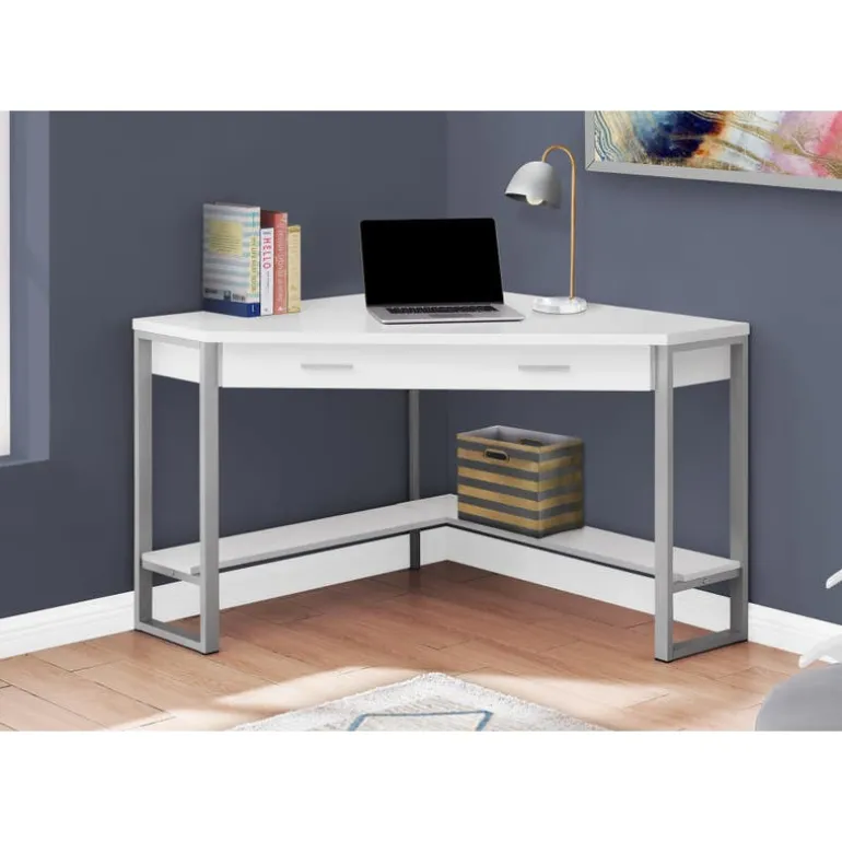 Computer desk - 42"l / white corner / silver metal - Monarch
