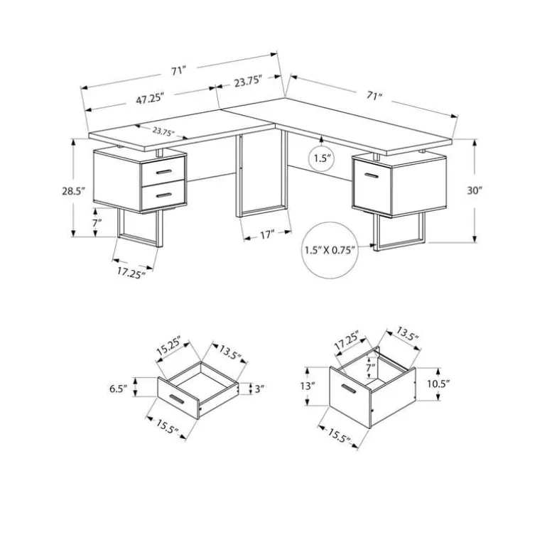 Computer desk - l-shaped / corner / 3 drawers / metal legs / reversible - 71" - Monarch