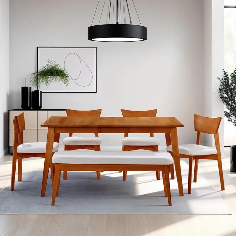 Extendable Rectangular Dining Table (48" to 60") with 4 Chairs and Bench - Brown