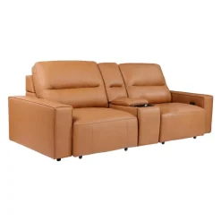 Genuine Leather Modular Loveseat with Power Sliding Seats and Media Console - 3 pcs