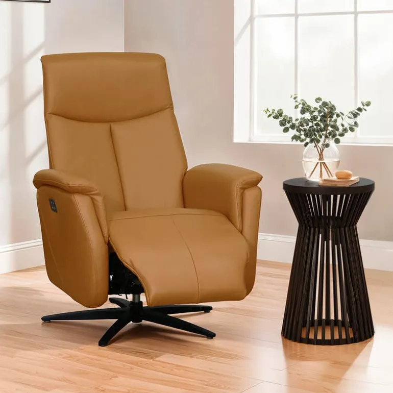 Genuine Leather Swivel Power Recliner - Tan