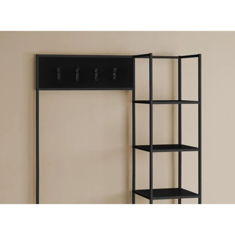 Hall tree / bench - 8 hooks / 5 shelves - 72"h - black / black metal