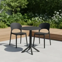 Indoor/Outdoor Resin Dining Set with Round Table and 2 Stackable Chairs – Black