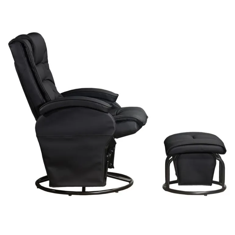 Leather Reclining Ball-Bearing Swivel Glider with Ottoman - Black