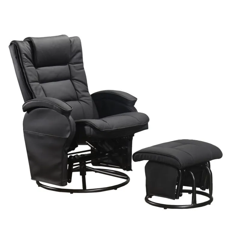 Leather Reclining Ball-Bearing Swivel Glider with Ottoman - Black