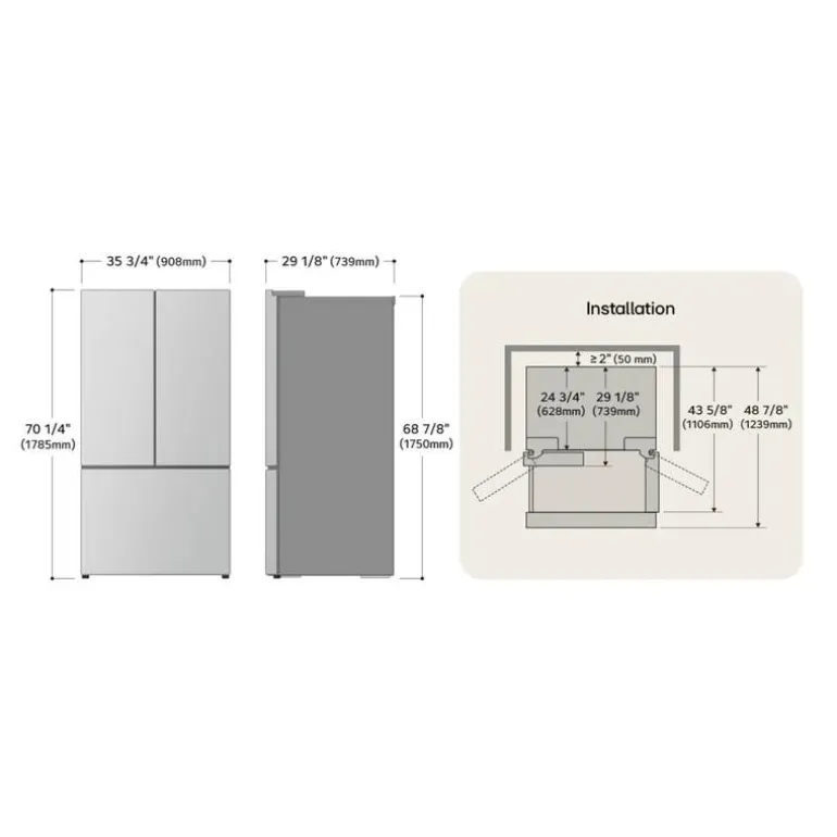 LG 26 Cu Ft 36 In Refrigerator Stainless Steel Bottom Freezer, French door - LRYKC2606S