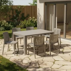 Outdoor Resin Dining Set with 1 Rectangular Table and 6 Stackable Chairs - Grey