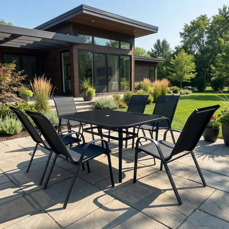 Outdoor Steel Rectangular Dining Table with 6 Chairs