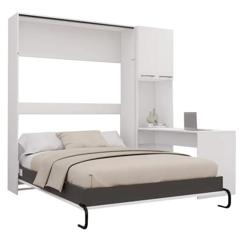 Queen Murphy Bed with Storage Cabinets and Desk - White