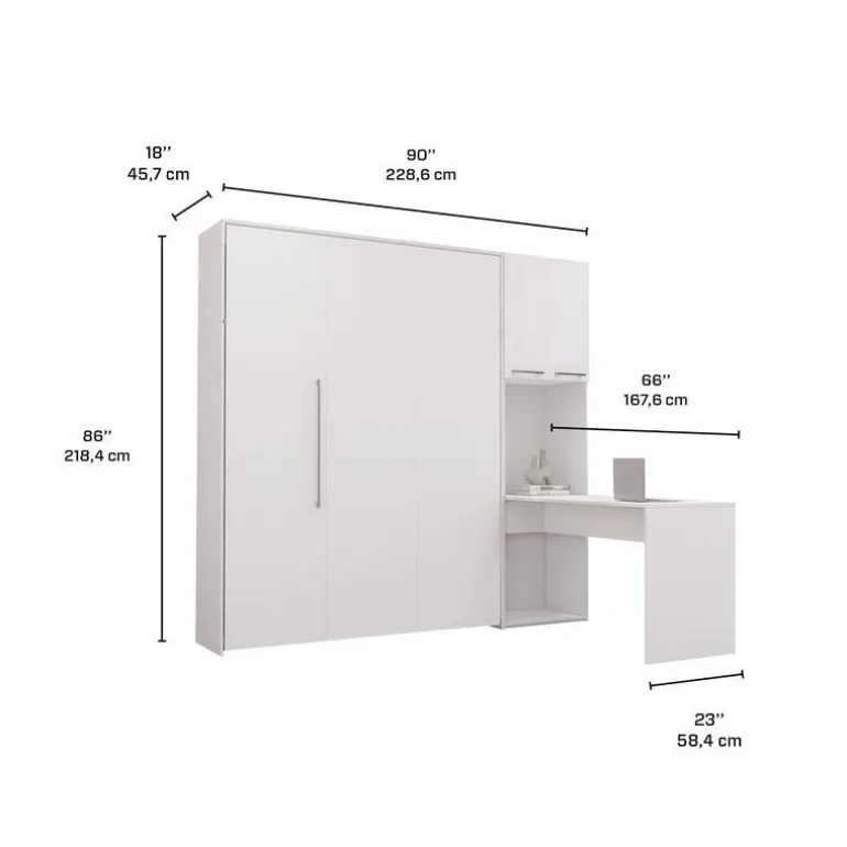 Queen Murphy Bed with Storage Cabinets and Desk - White