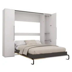 Queen Murphy Bed with Storage Units - White & Natural