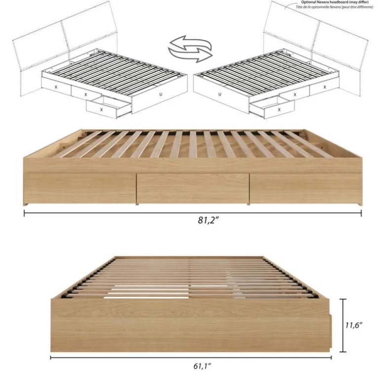 Queen Platform Bed with 3-Drawer Storage (60") - Nexera