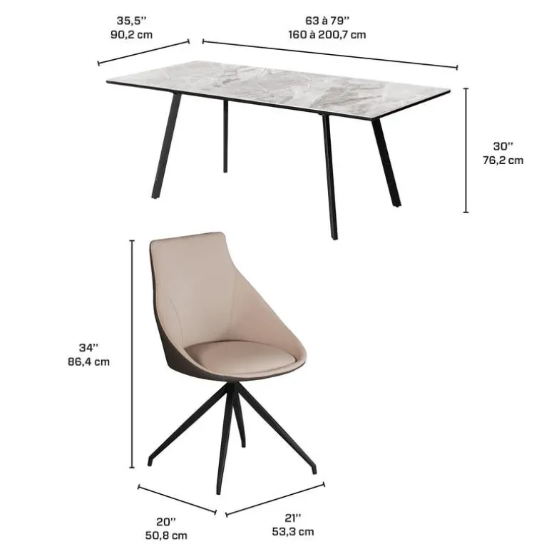 Sintered Stone Table and 4 Kitchen Armchairs - Cream and Grey