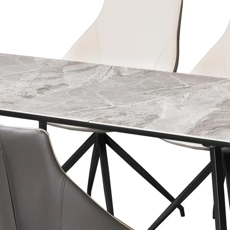 Sintered Stone Table and 4 Kitchen Armchairs - Cream and Grey