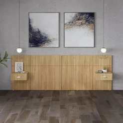 Wall Units with 2 Integrated Nightstands for Queen Beds - Natural